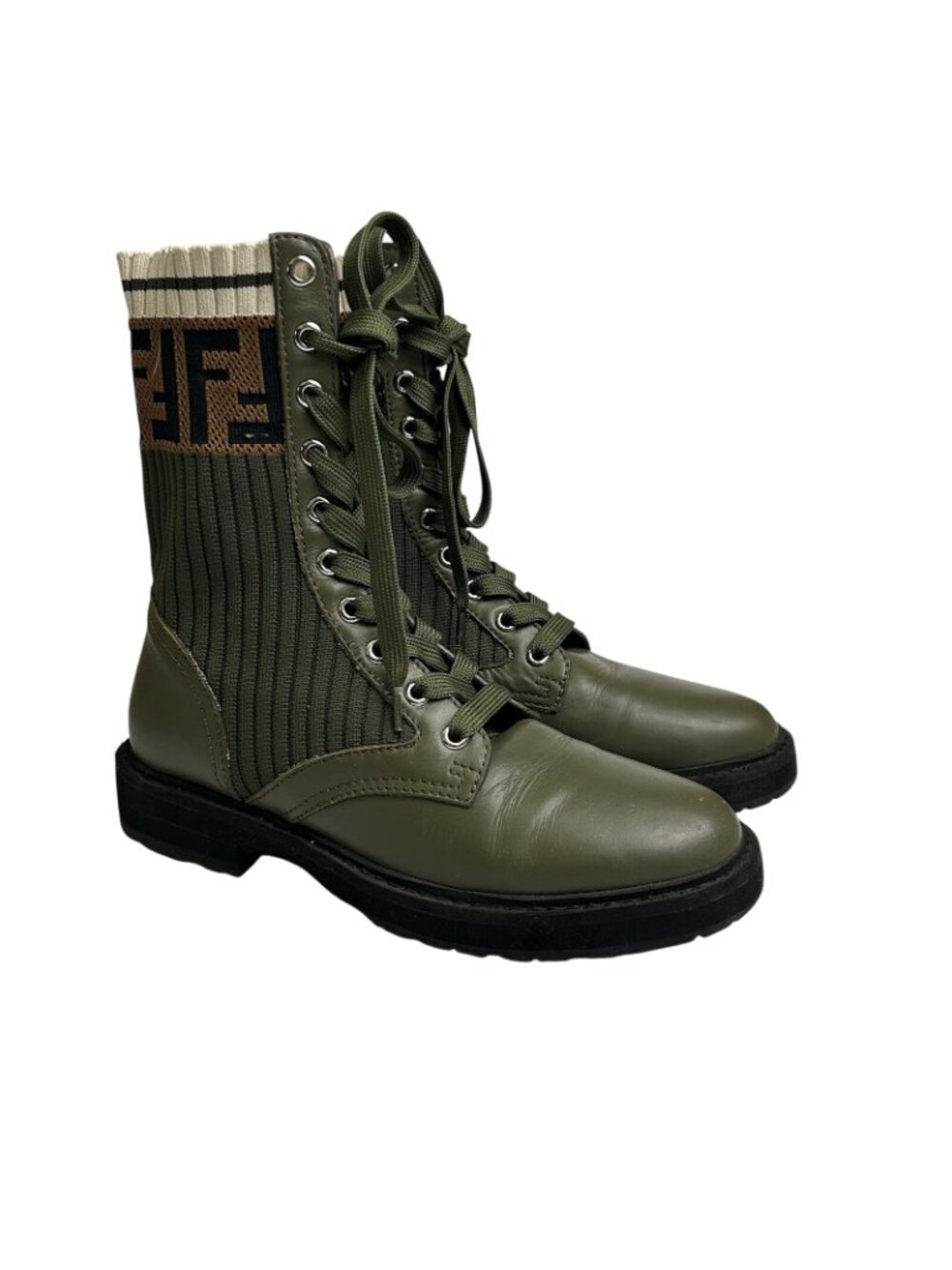 Fendi Rockoko Combat Green Leather Knit Boots Womens EU 37/US 7 Made In Italy - Picture 4 of 13